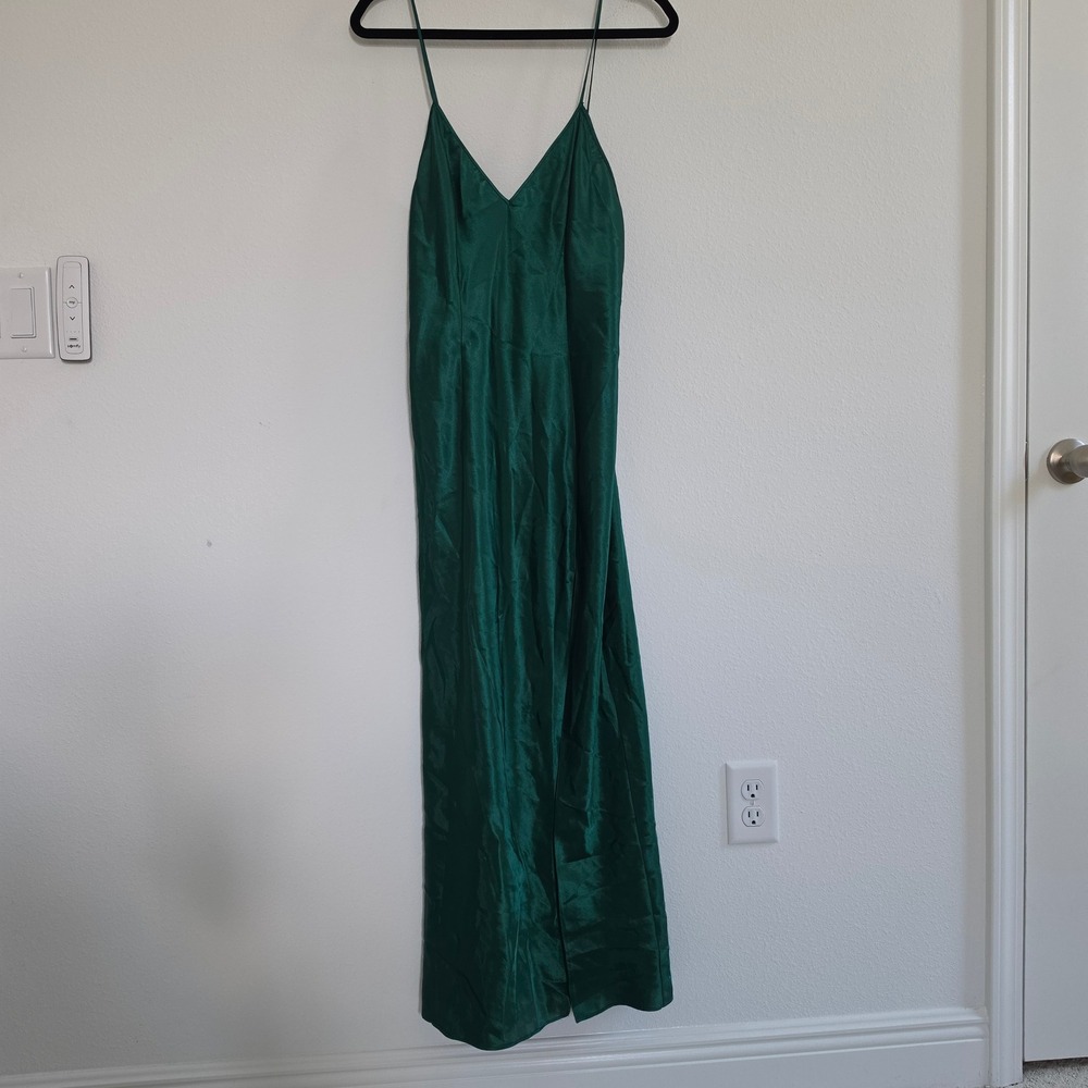 Vintage Fredericks of Hollywood Emerald Green Satin V-Neck Maxi Slip Dress L